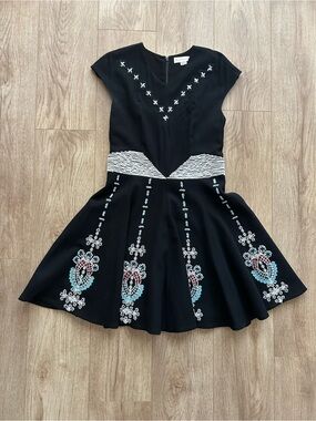 Ellesasson Black Embroidered and Beaded Fit-and-Flare Dress Size 8